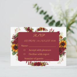 Tarjeta de RSVP de boda floral de girasol y borgoñ