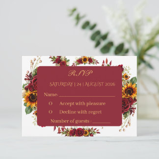 Tarjeta de RSVP de boda floral de girasol y borgoñ