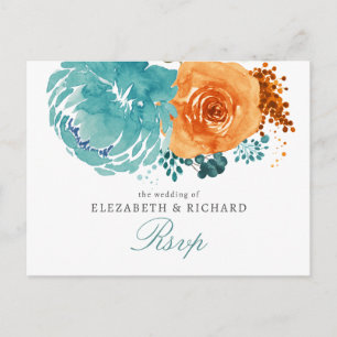 Tarjeta de RSVP de boda floral naranja quemada azu