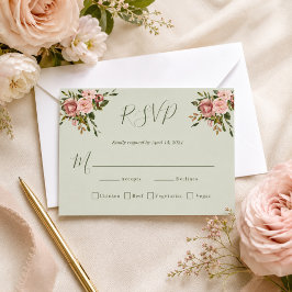 Tarjeta de RSVP de boda floral rosa salvia verde