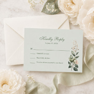 Tarjeta de RSVP de boda floral suave verde salvia