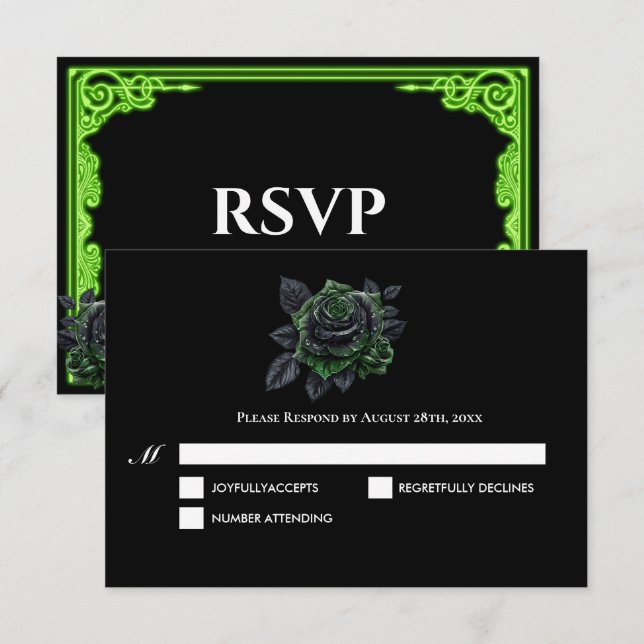 Tarjeta de RSVP de boda gótica con brillo verde br (Anverso / Reverso)