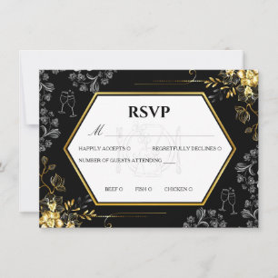 Tarjeta de RSVP de boda gótica negra y dorada