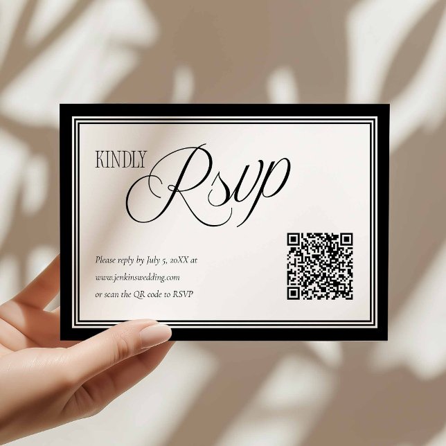 Tarjeta de RSVP de boda moderna con código QR (Modern Black and White Rsvp Card with QR Code)