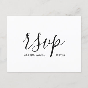 Tarjeta de RSVP de boda moderna con guión en blanc
