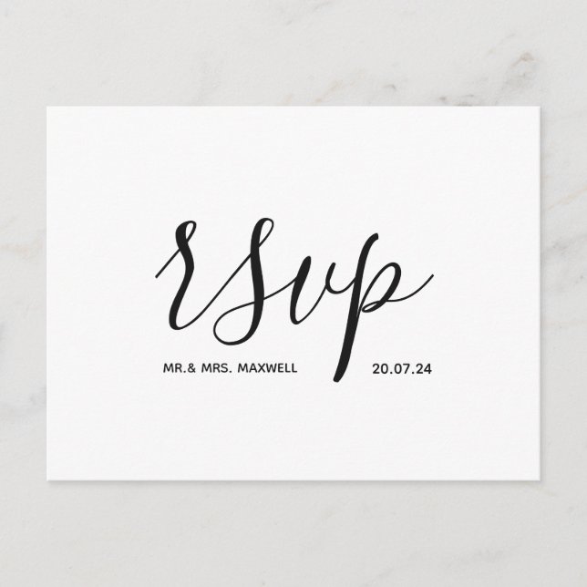 Tarjeta de RSVP de boda moderna con guión en blanc (Anverso)