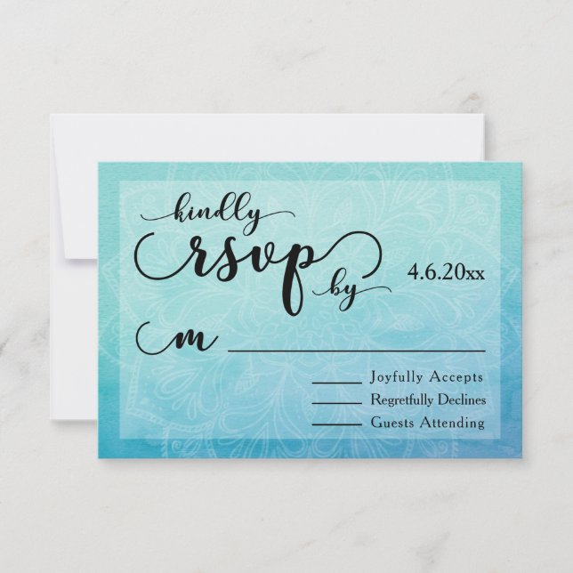 Tarjeta de RSVP de boda moderna con mandala de acu (Anverso)