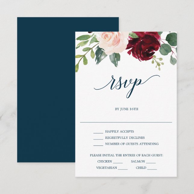 Tarjeta de RSVP de boda Navy Borgoña (Anverso / Reverso)