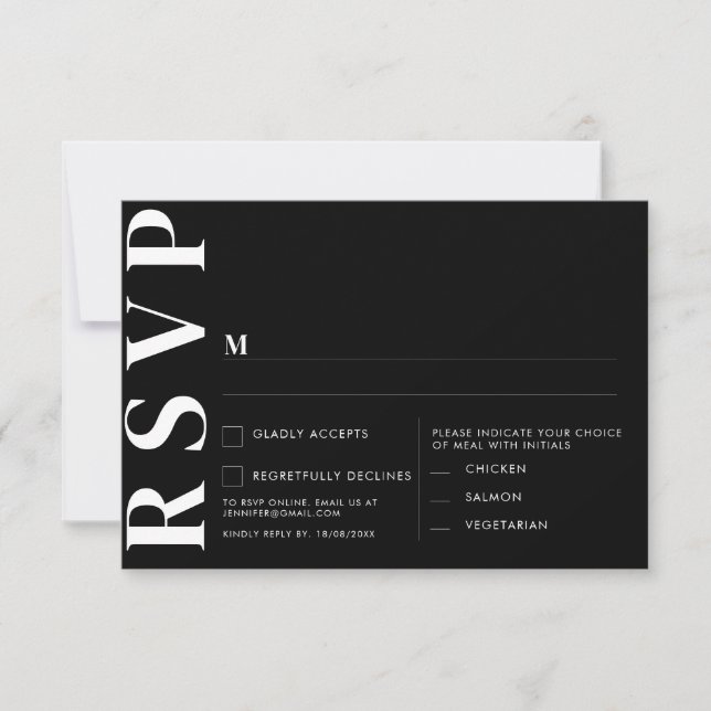 Tarjeta de RSVP de Boda Negra Minimalista (Anverso)