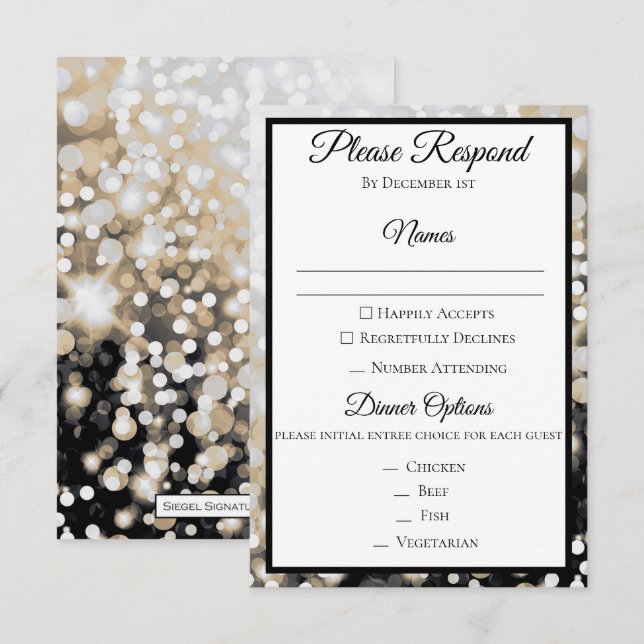 Tarjeta de RSVP de boda negra y dorada (Anverso / Reverso)