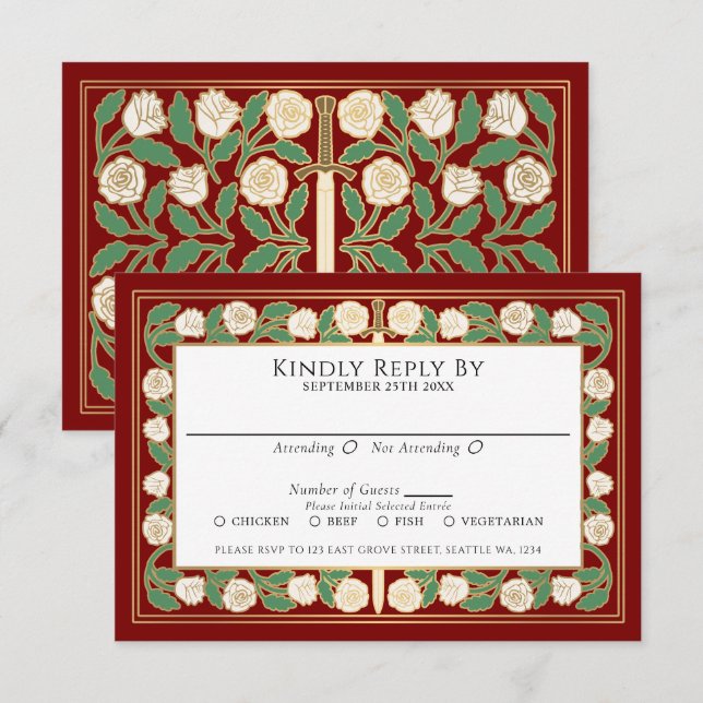 Tarjeta de RSVP de Boda Real Espada Floral Blanca  (Anverso / Reverso)