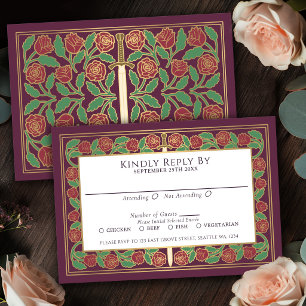 Tarjeta de RSVP de Boda Real Espada Floral Dorada