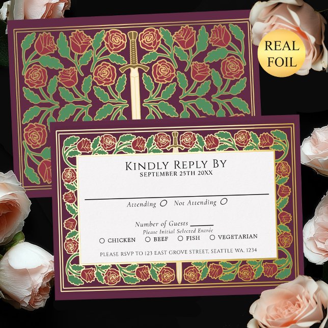 Tarjeta de RSVP de Boda Real Espada Floral Dorada  (Subido por el creador)