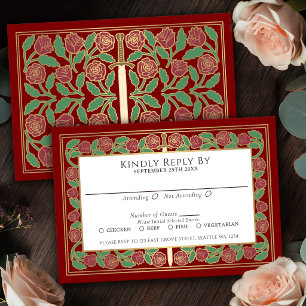 Tarjeta de RSVP de Boda Real Espada Floral Dorado 