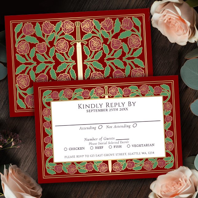 Tarjeta de RSVP de Boda Real Espada Floral Dorado  (Subido por el creador)