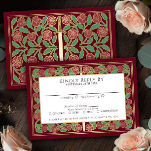 Tarjeta de RSVP de Boda Real Espada Floral Oro Roj