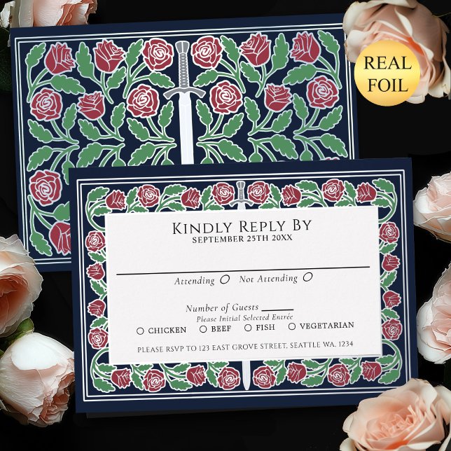 Tarjeta de RSVP de Boda Real Espada Floral Platead (Subido por el creador)