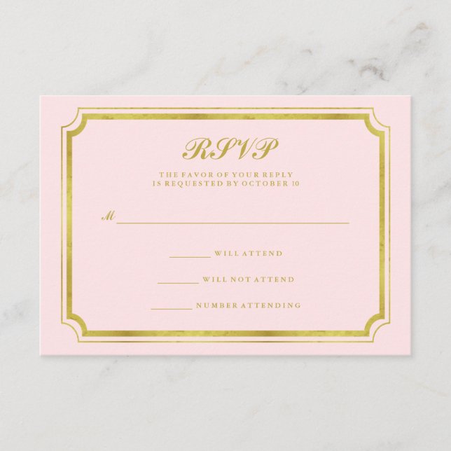 Tarjeta de RSVP de Boda Rosa y Dorado Falso Elegan (Anverso)