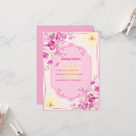 Tarjeta de RSVP de boda rosa y dorado vibrante