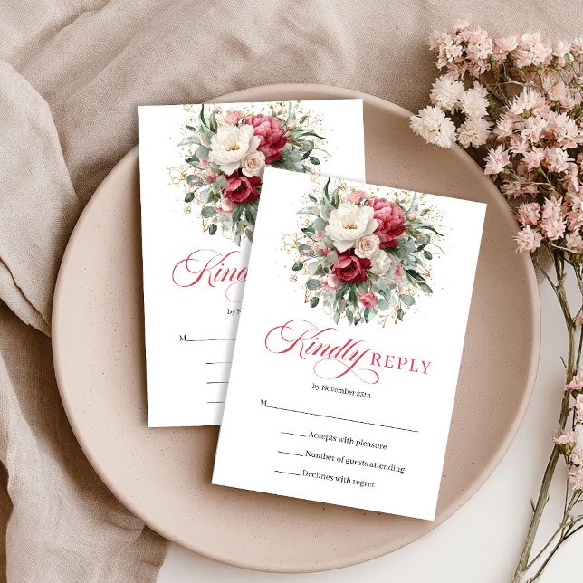 Tarjeta de RSVP de boda rústica de jardín con toqu (Garden Rustic Red Blush Wedding RSVP Card)