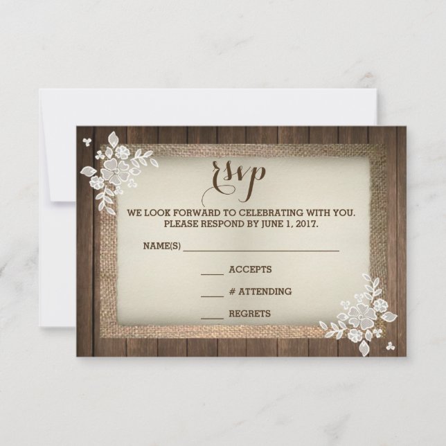 Tarjeta de RSVP de Boda Rústica de Madera y Encaje (Anverso)