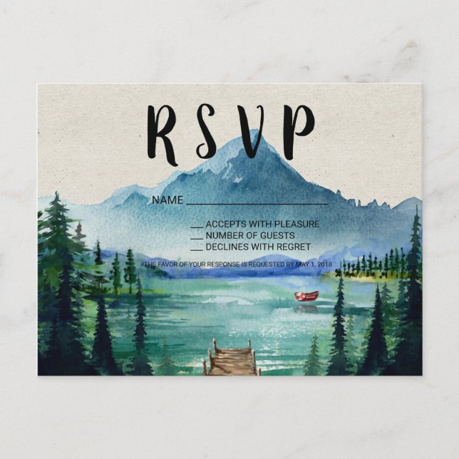 Tarjeta de RSVP de boda rústica junto al lago (Anverso)