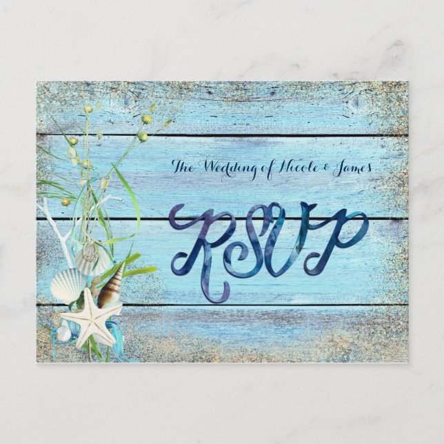 Tarjeta de RSVP de Boda Tropical Blue Wood Beach (Anverso)
