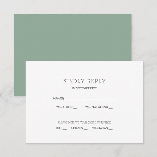 Tarjeta de RSVP de boda verde sabio moderna simple (Anverso / Reverso)