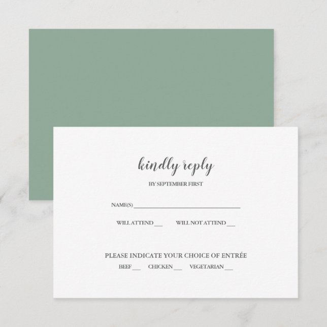 Tarjeta de RSVP de boda verde sage moderna simple (Anverso / Reverso)