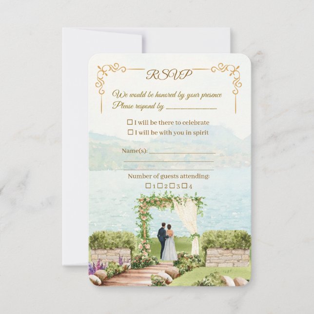 Tarjeta de RSVP de Boda Whispering Botanica – Acua (Anverso)