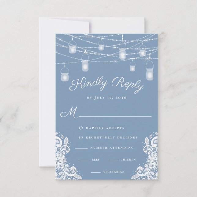Tarjeta de RSVP de Bodas con Luces Azules Polvorie (Anverso)