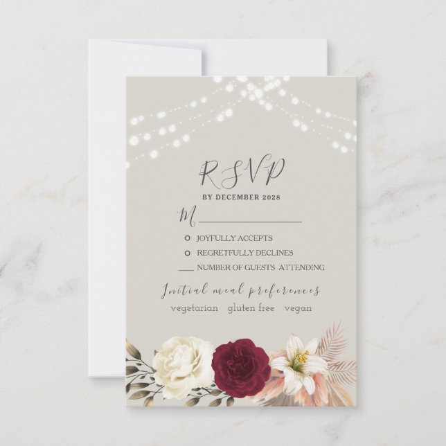 Tarjeta de RSVP de Bodas con Luces de Cuerda Rústi (Anverso)