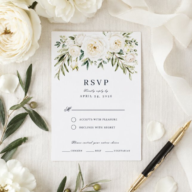 Tarjeta de RSVP de Bodas con Rosas de Jardín Blanc (Elegant RSVP card with timeless white roses and refined botanical details.)