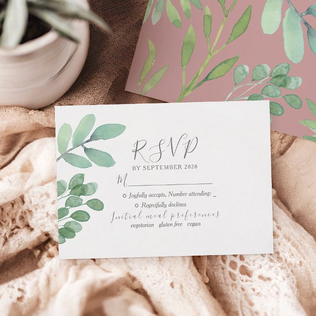 Tarjeta de RSVP de Bodas de Verde Botánico Rosa Po (Subido por el creador)