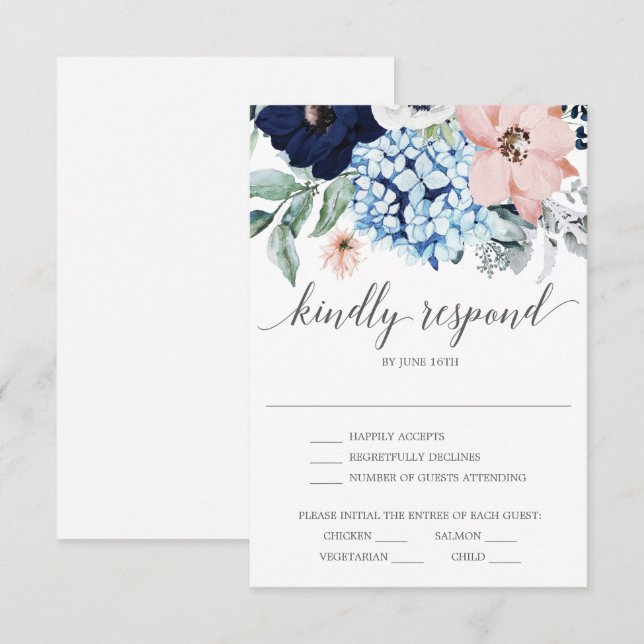 Tarjeta de RSVP de Bodas Navy Blooms (Anverso / Reverso)