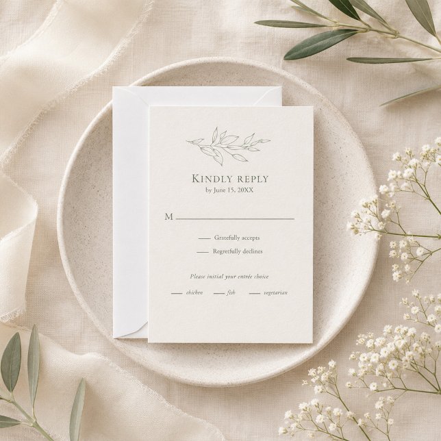 Tarjeta de RSVP de Botánica Sabio Moderna (Modern Sage Botanical RSVP Card on an elegant table with tiny flowers)