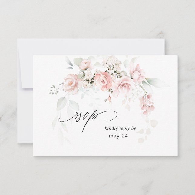 Tarjeta de RSVP de comida floral rosa y eucalipto (Anverso)