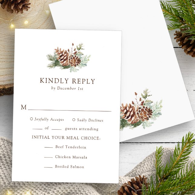 Tarjeta de RSVP de Comidas de Invierno (Elegant Watercolor Evergreen Meals Winter RSVP Card by Painted Paperie
)