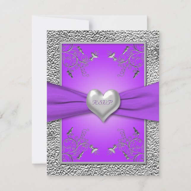 Tarjeta de RSVP de Corazón de Lavanda y Pewter (Anverso)