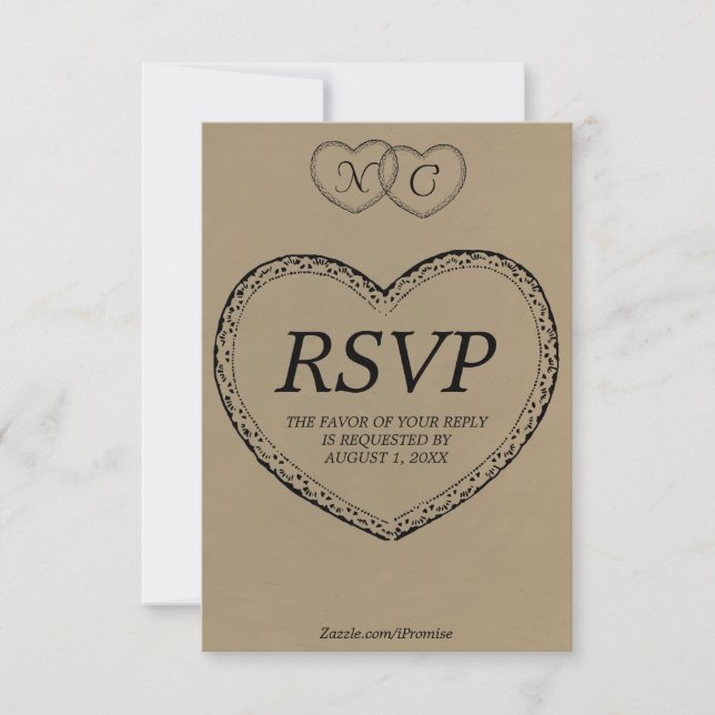 Tarjeta de RSVP de Corazones de Encaje Rústico con (Anverso)