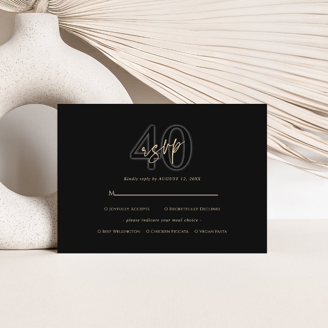Tarjeta de RSVP de cumpleaños número 40 de Oro Neg (Modern Black Gold 40th Birthday RSVP Card)