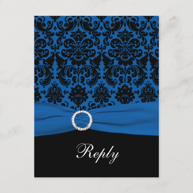 Tarjeta de RSVP de Damasco Azul Cobalto y Negro (Anverso)
