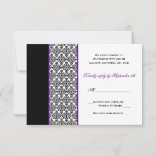Tarjeta de RSVP de Damasco Negro Blanco Púrpura