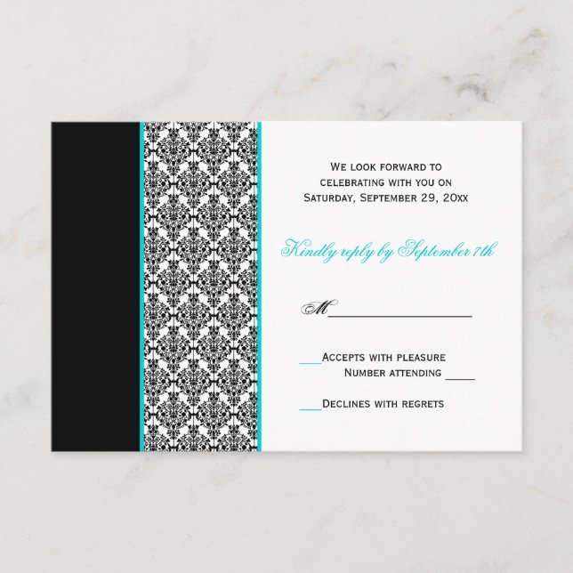 Tarjeta de RSVP de Damasco Turquesa Blanco Negro (Anverso)