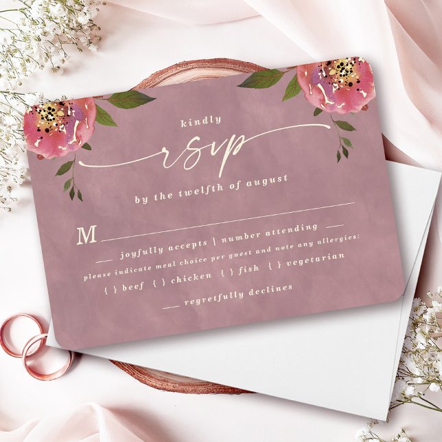 Tarjeta de RSVP de elección de comida de boda Ophe (Say "I DO" to Romantic Watercolor Florals and a Cottagecore Vibe with the Ophelia Wedding Suite.)