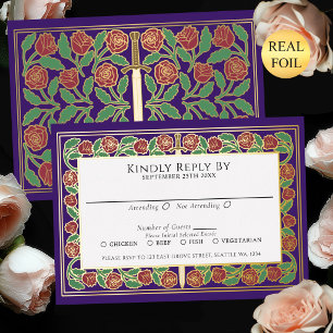 Tarjeta de RSVP de Espada Floral de Oro Púrpura pa