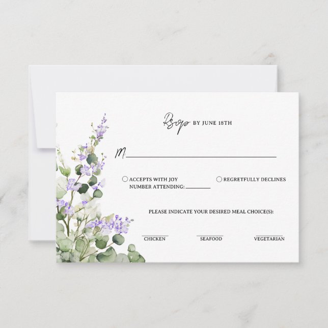 Tarjeta de RSVP de eucalipto verde salvia con flor (Anverso)