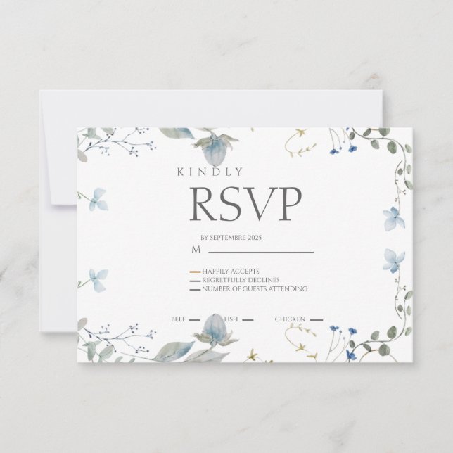 Tarjeta de RSVP de Floral Azul Simple (Anverso)