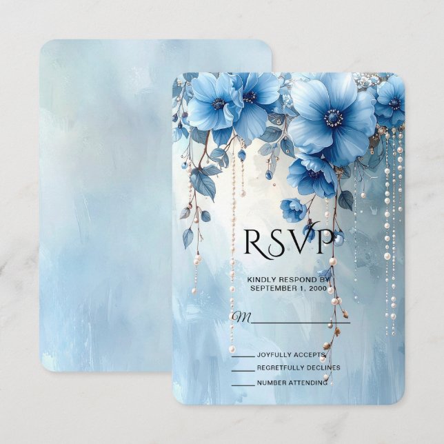 Tarjeta de RSVP de Flores Azules y Perlas (Anverso / Reverso)