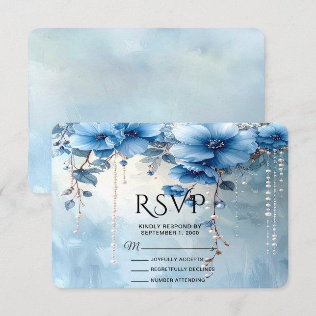 Tarjeta de RSVP de Flores Azules y Perlas (Anverso / Reverso)